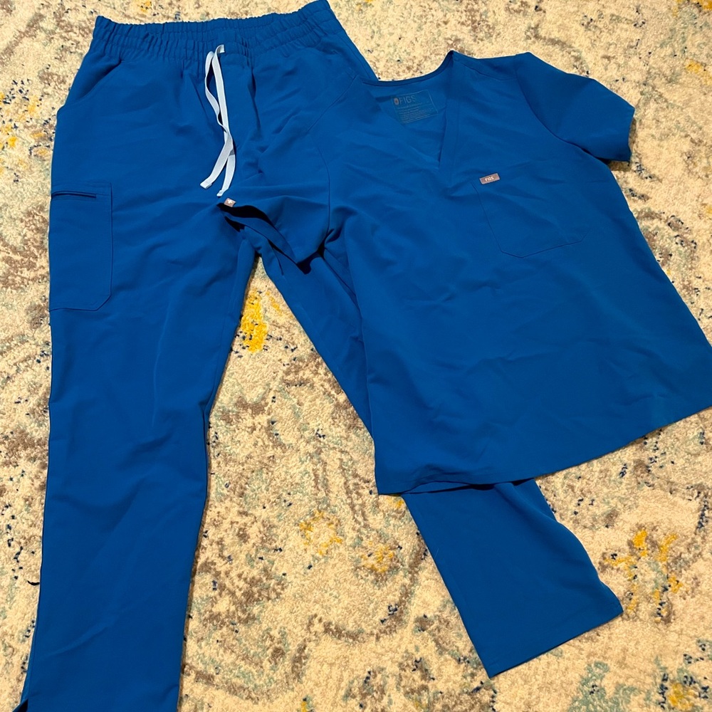 Figs women’s royal blue Catarina one pocket top M & high wasted pants L